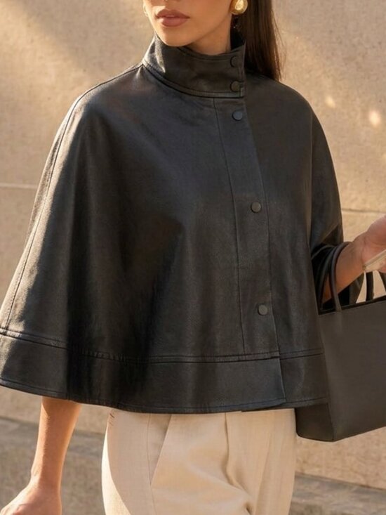 Jackets & Blazers - Black Casual Women's Faux Leather High Neck Loose Poncho